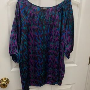 Cold shoulder Green, purple, and blue printed top